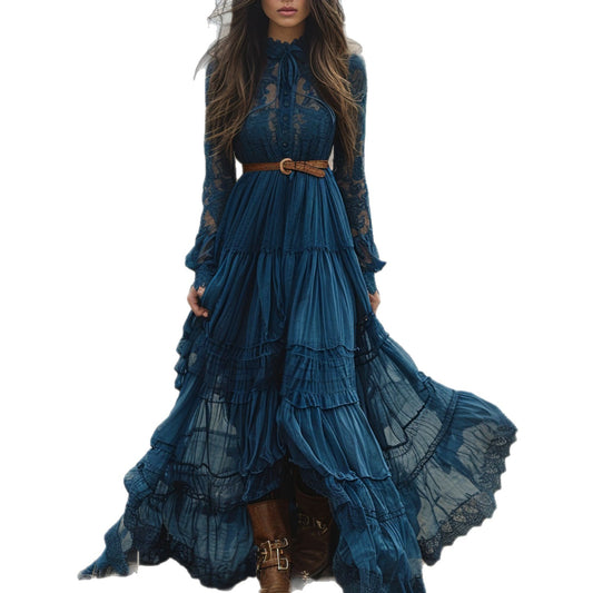 Retro V-neck Long-sleeve Pastoral-style Dress