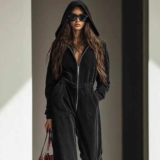 Casual, Relaxed-fit Retro Denim Jumpsuit With An Elastic Waistband Zipper And Hood