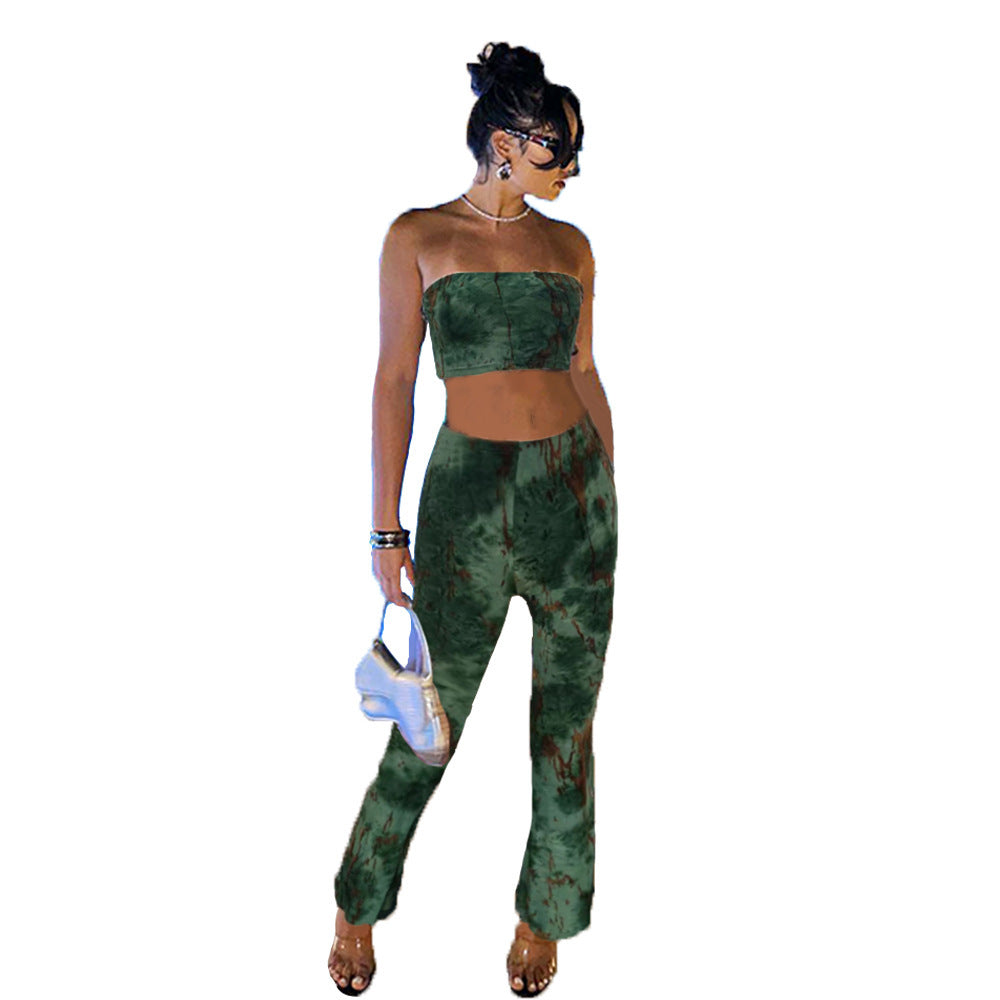 Midriff-baring Tie-Dye Bra And Pants Set In European And American Style