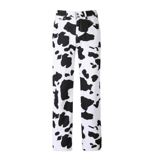 Cow Black And White Printed Jeans Women'S Trousers European And American Style Fashion Straight-Leg Pants