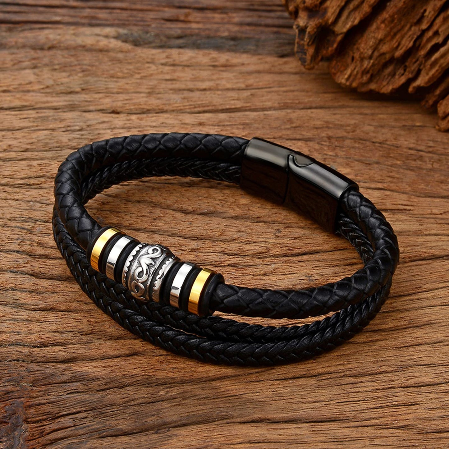 Men's Fashion Stainless Steel Multi-layer Leather Co Bracelet Braided Leather Buckle Titanium Steel Bracelet-PLUT