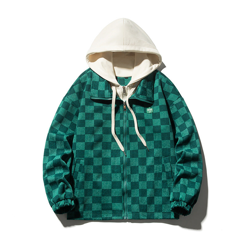 Men's Chessboard Plaid Printed Hooded Loose Casual Jacket