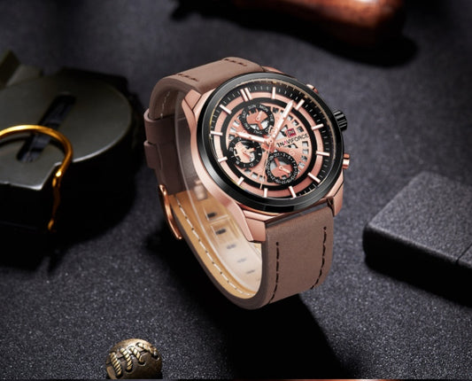 Ling Xiang NAVIFORCE new men's three-needle hollow design leather strap waterproof sports watch