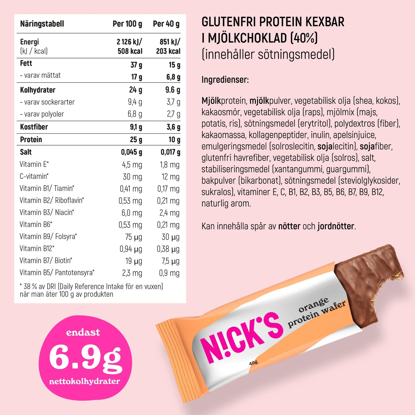 NICKS Protein Wafer Bar | 25% Protein | 203 Calories | Low carb Choklad Kexbar Snack utan tillsatt socker, glutenfri (Orange, (24x40g))