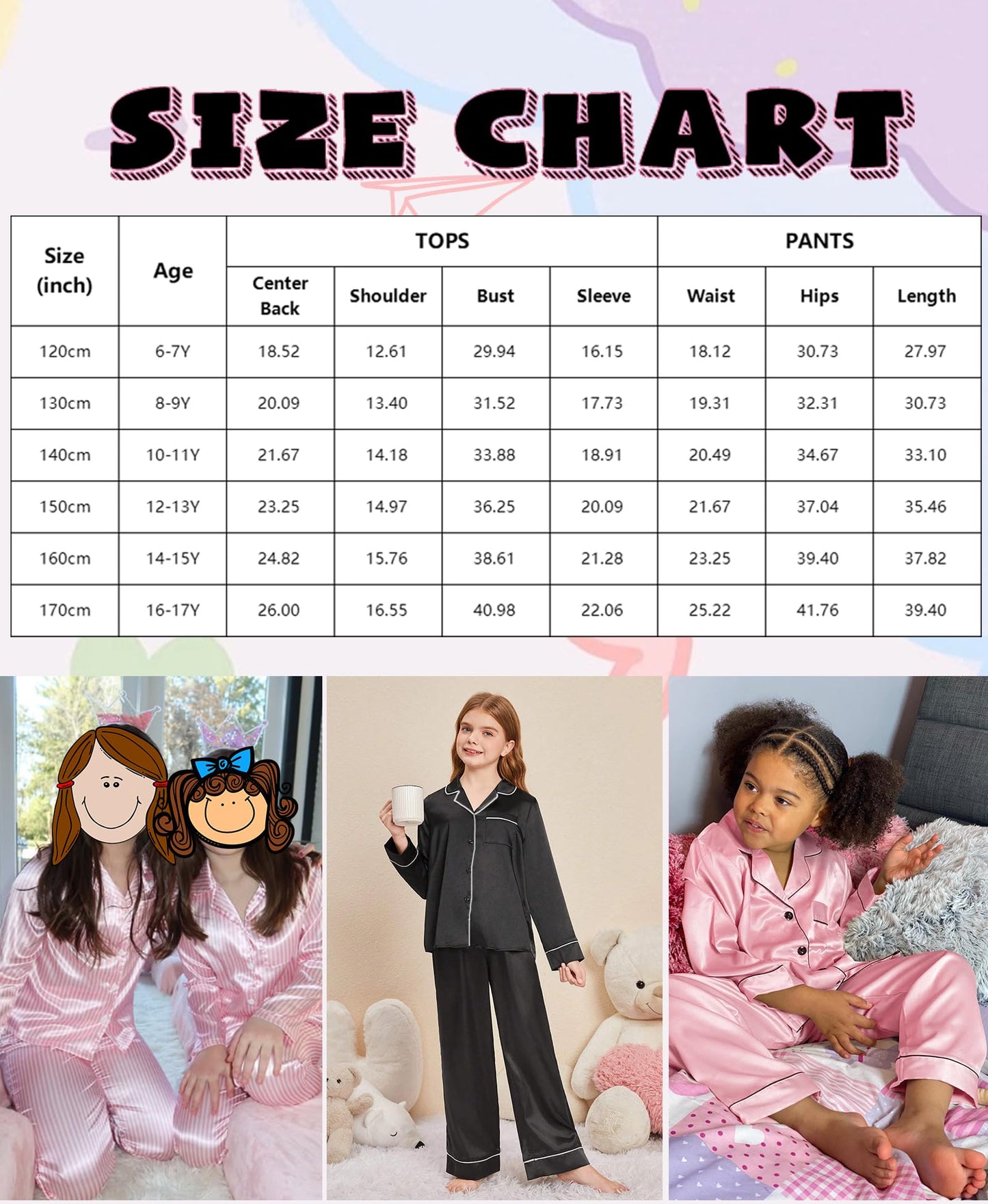 SWOMOG Silkessyjamas för flickor, långärmad, satin, nattkläder, barn, pyjamas, set med knappar, barn, nattkläder, tryck, pyjamas, ålder 6-17