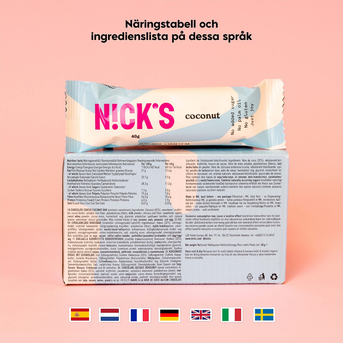 NICKS Coconut Keto Choklad Kokosbar Utan Tillsatt Socker 175 Kalorier, 2 Net Carbs, Low Carb Snack Bar Glutenfri Godis (15 Chokladbars x 40g)