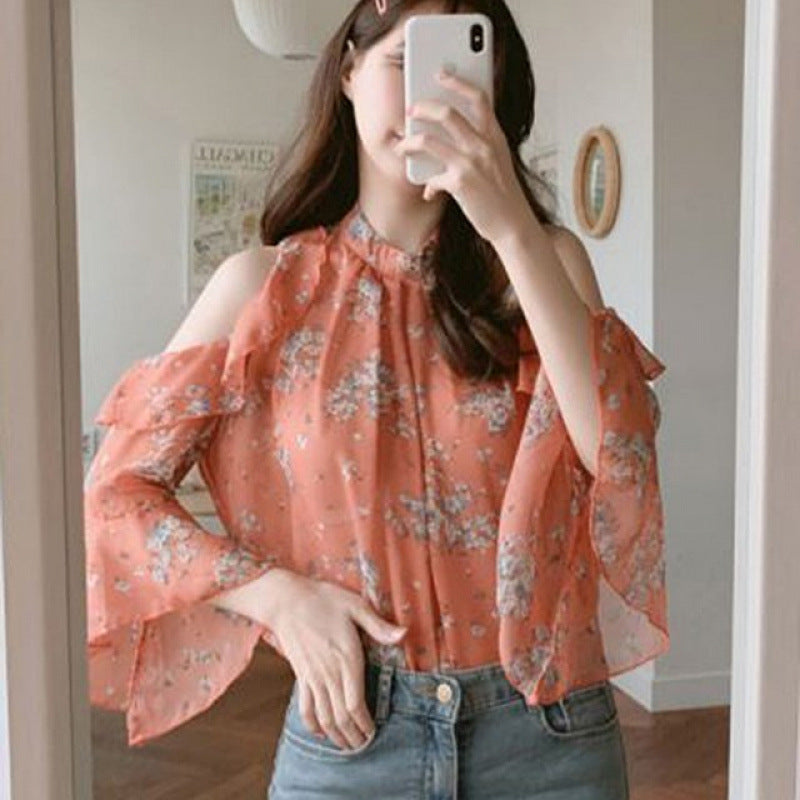 Niche Off-the-shoulder Floral Chiffon Shirt Women's Early Spring Temperament Shirt Bell Sleeve Summer Thin Top