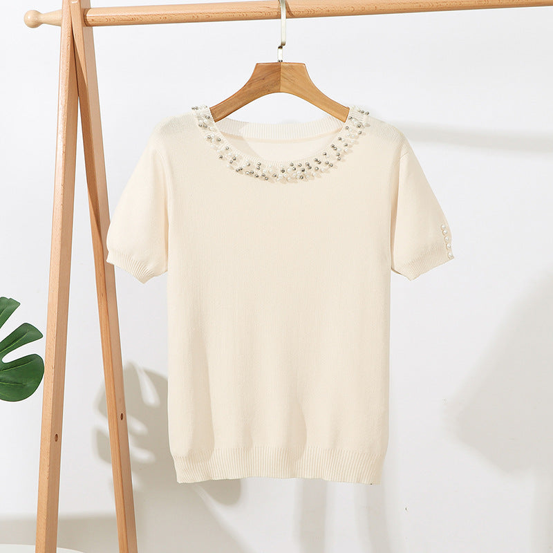 New Solid Color Beaded Short Sleeve Loose Round Neck Pullover Top