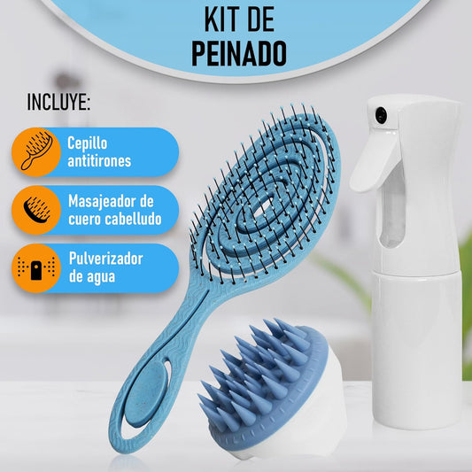 Set De Peinado, Cepillo Antitirones, Masajeador Cuero Cabelludo, Pulverizador Agua, Cepillo Desenredante Sin Tirones, Masajeador Cabeza, Spray Agua Pulverizador (Azul)