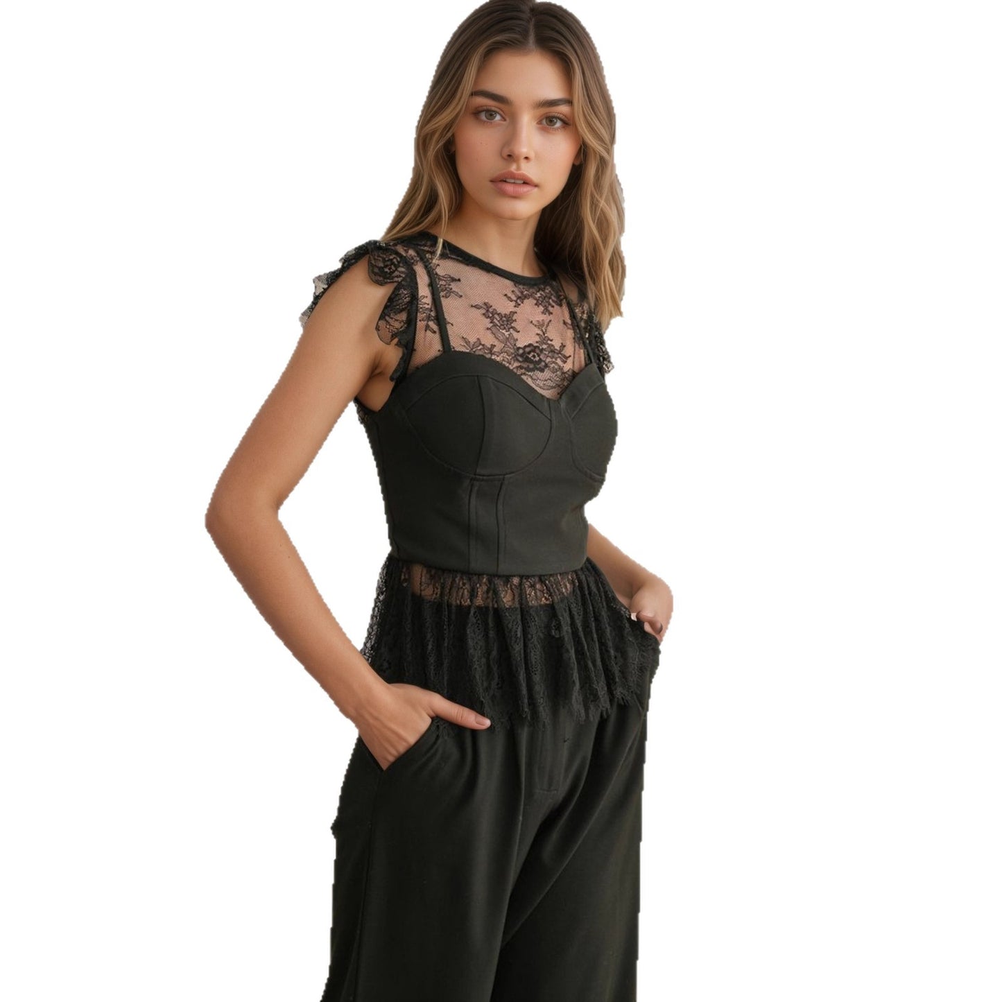 Chic Patchwork Lace-trimmed Sleeveless Top