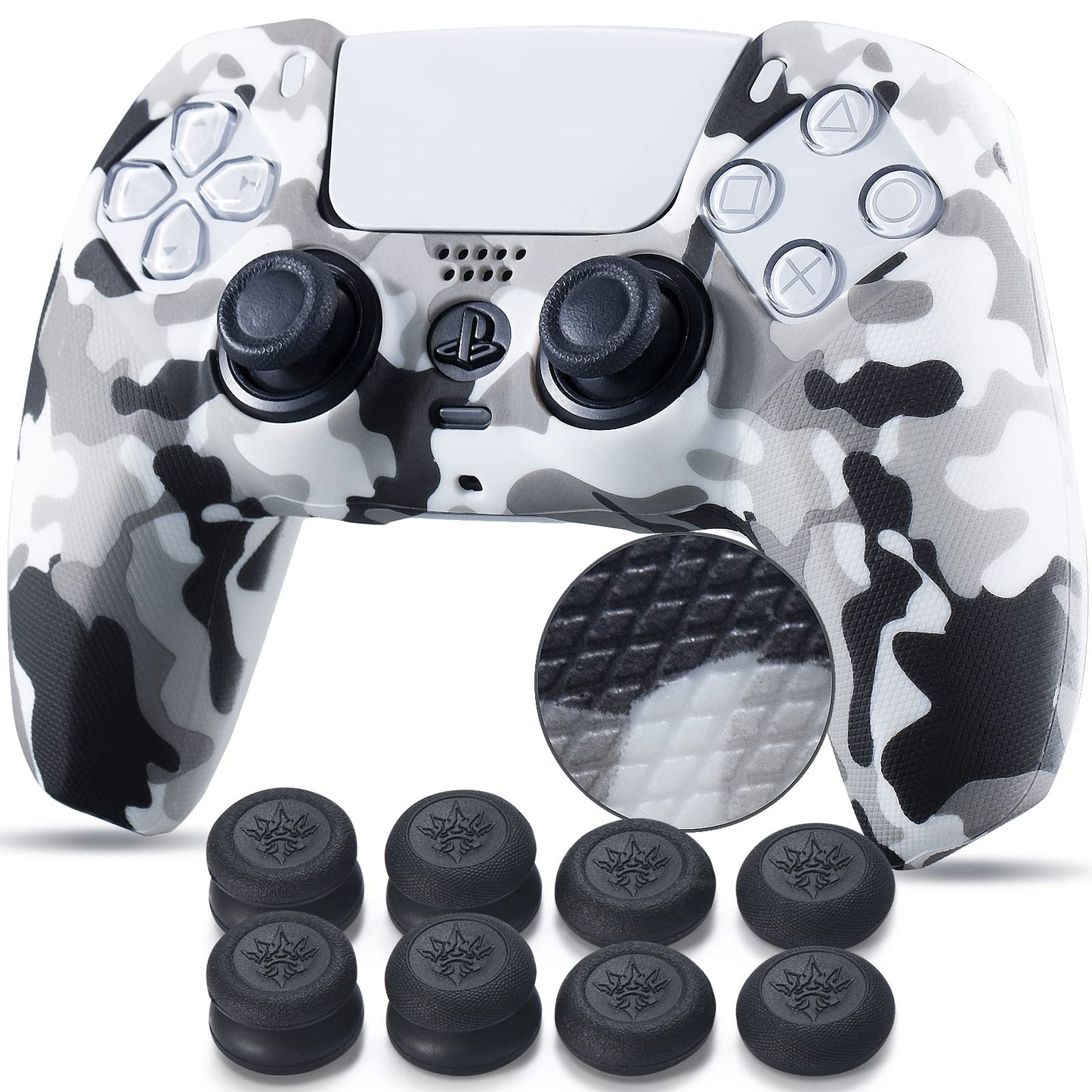 YoRHa Dubbade tryck silikongummi anpassa hudskydd för PS5 Dualsense Controller x 1 (kamouflage vit) med Pro tumgrepp x 10