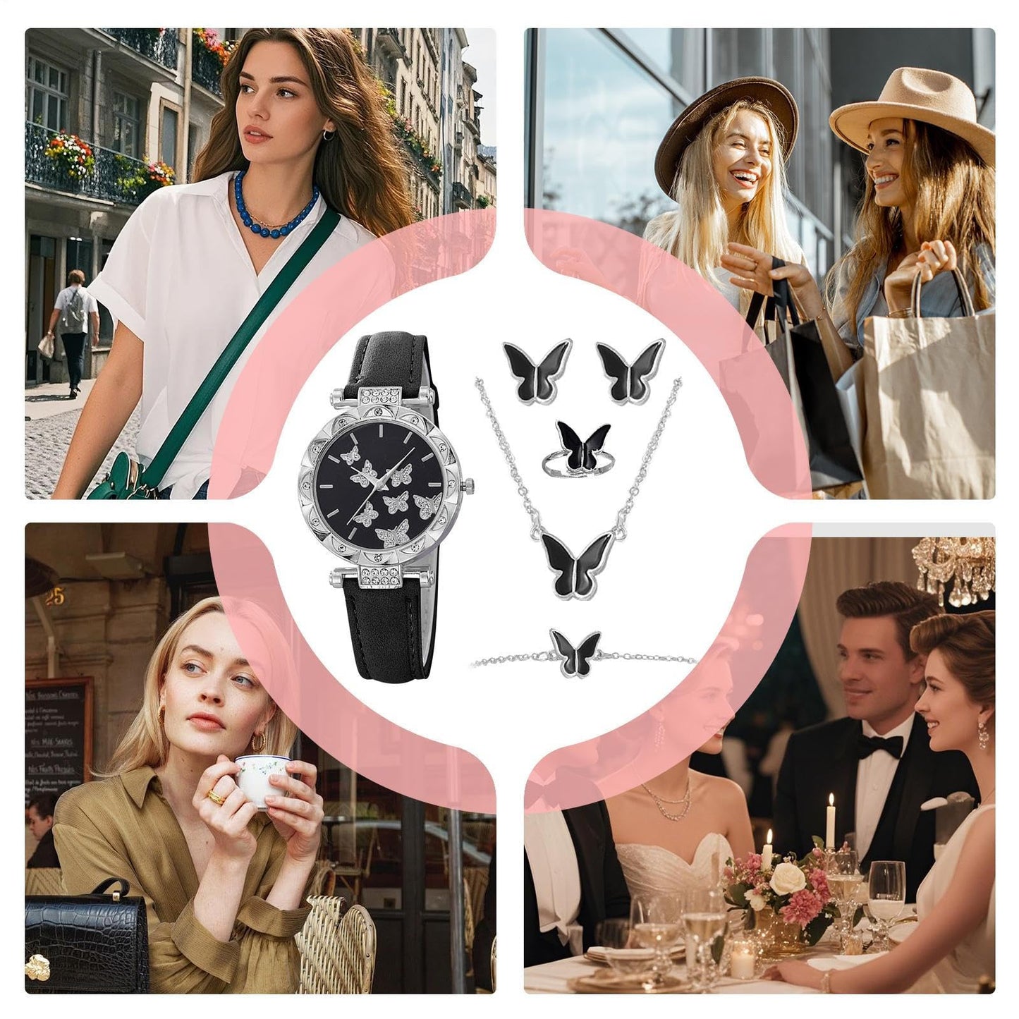 Womens Watches, Womens Watch - 5 stycken Butterfly Women Watch Set | Butterfly Fashion Lady Wristwatch med örhängen armband för kvinnlig, födelsedag och resor