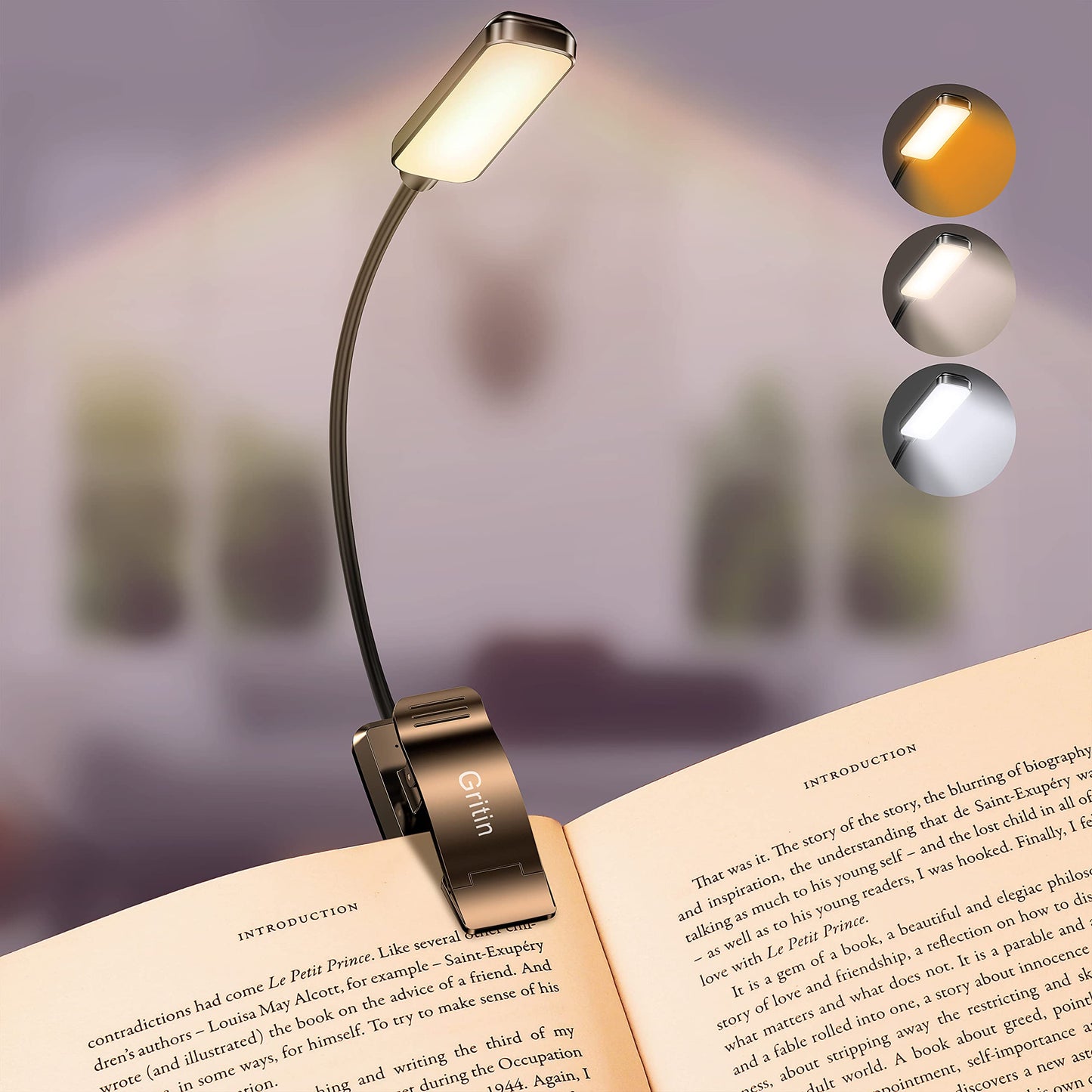 Gritin 9 LED Läslampa med Klämma, 3 Ögon Skyddande Lägen, Flexibel Boklampa (Varm- och Kallvit) - Steglös Dimning, Laddningsbar, Lång Batteritid, 4 Nivåers Strömindikator