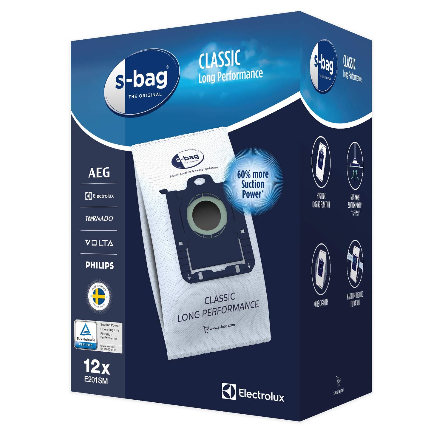 Electrolux E201SM Dammsugarpåsar S-bag Classic Long Performance, 12 Påsar, Optimerar luftflödet med påsens tåliga syntetmaterial, Lämplig för många typer av dammsugare