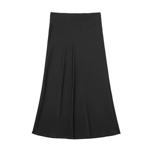 Solid Color Slim Silk Satin Texture Midi Skirt