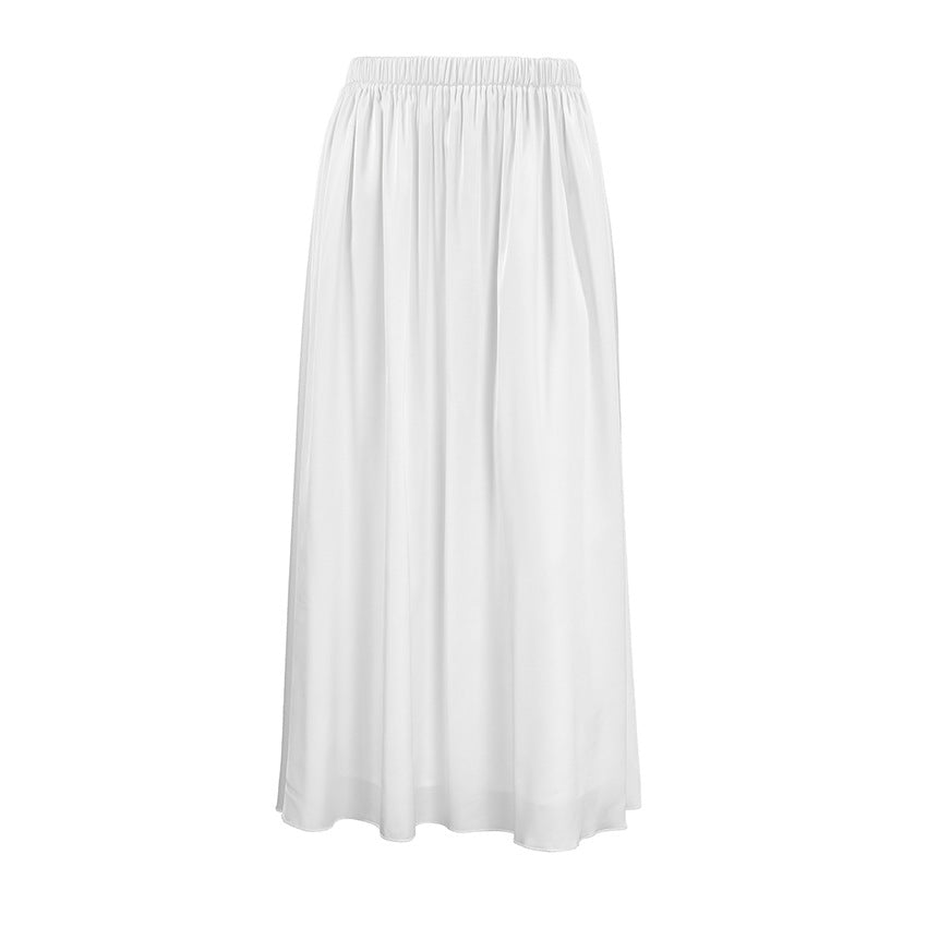 White Satin Draped High-waisted Midi Skirt