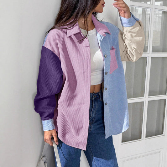 Commuting Style Linen-cotton Color Block Loose Fashionable Long Sleeve Shirt