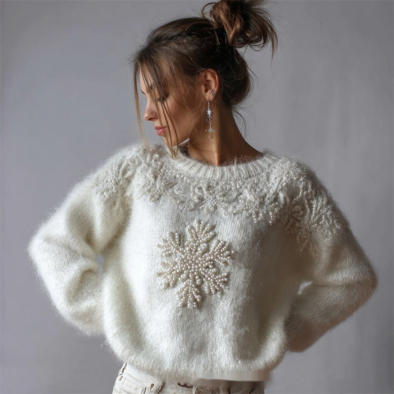 3D Digital-Print Womens Crew-Neck Loose Retro Jacquard Pullover Sweater