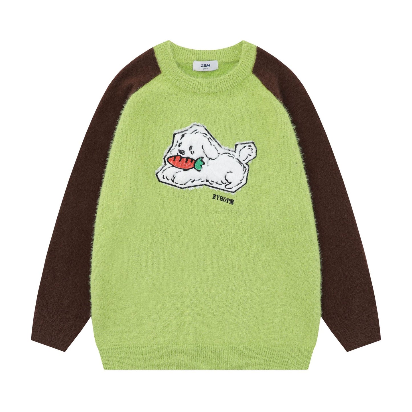 Sweet Cute Jacquard Furry Color-block Crew Neck Sweater