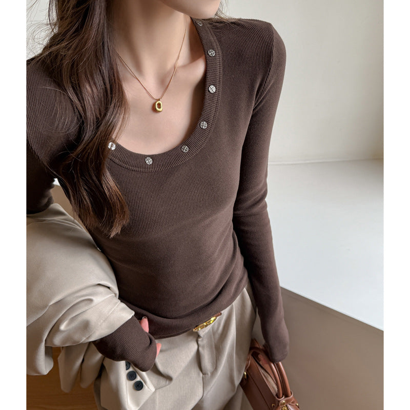 Women's Fashion Versatile Round Neck Studded Long Sleeve T-Shirt