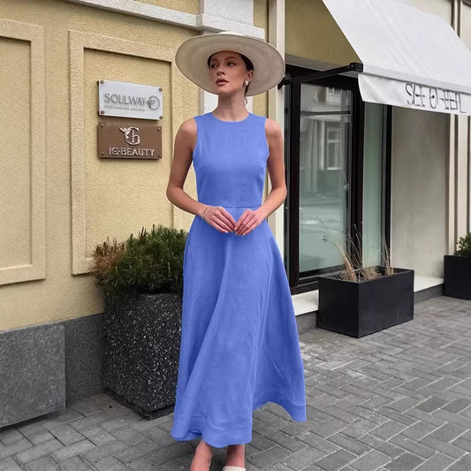 Womens Blue Crew-Neck Cotton-Linen Dress, Tank-Style Long Skirt