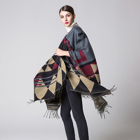 Bohemian tassels Europe and the United States long thickening cashmere autumn and winter national wind travel split shawl cloak