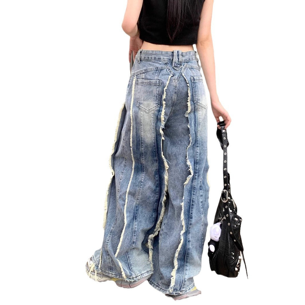 Retro High Waist Slimming Raw Edges Design Stitching Jeans