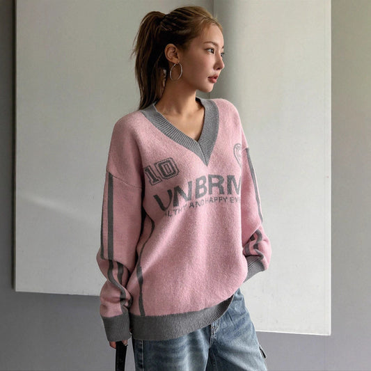 Varm Pige Løs Preppy Stil Afslappet Kontrastfarve Dovenskabs Sweater