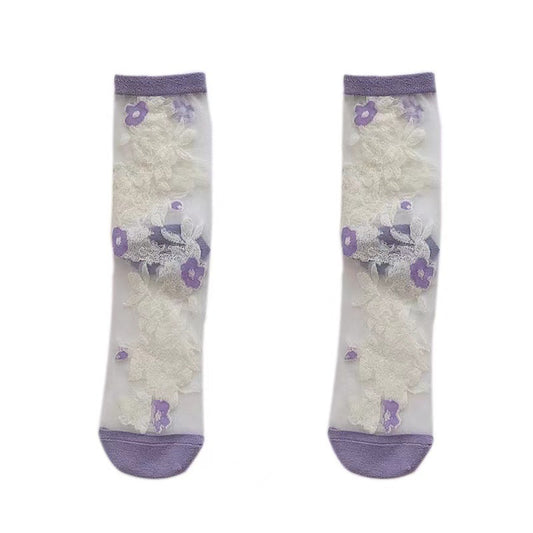 Spring And Summer Ultra-thin Breathable Retro Large Flower Spun Glass Mid-calf Socks Crystal Long Socks
