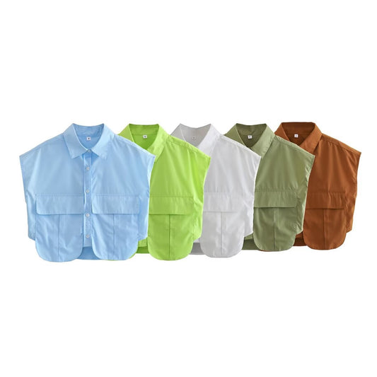 Large Pocket Stitching Irregular Cardigan Polo Collar Shirt Top