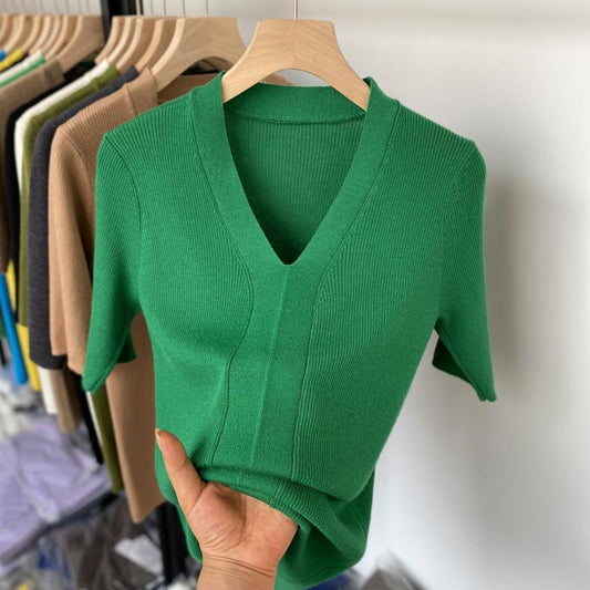 Ice Silk Slim Fit Slim Looking Base Knitwear Short Sleeve