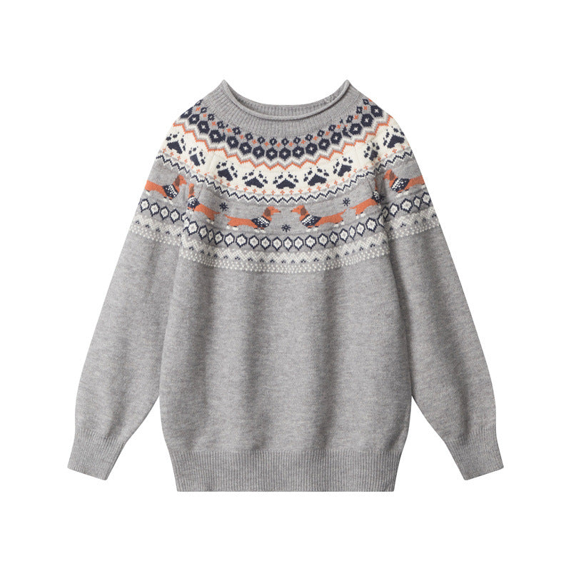 European And American Retro Contrast Color Loose Couple Jacquard Loose-fitting Pullover Sweater