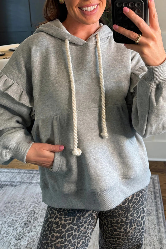 Grå Kontrast Knytbar Snor Flæset Skuldersøm Løs Sweatshirt