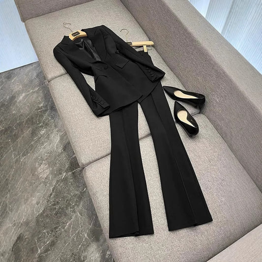 Womens Stylish Mid-length Blazer And Flared Pants Fashion Set