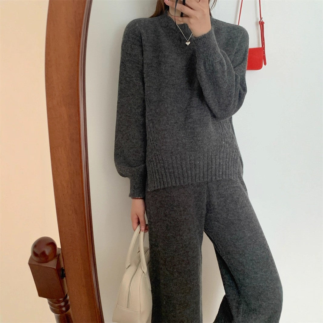 Women's Knitted Sweater Straight Wide-leg Pants Suit New Western Style