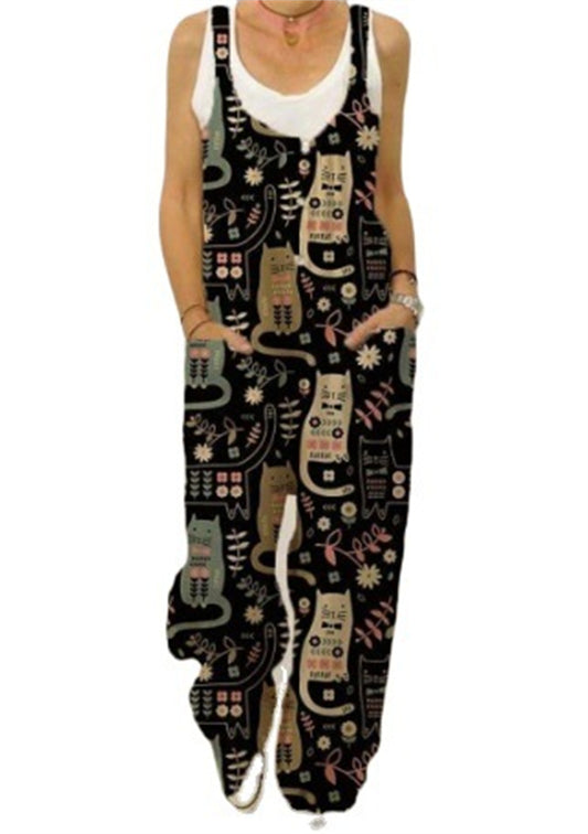 Women's Animal Floral Botanical Print Casual Sleeveless Loose Jumpsuit