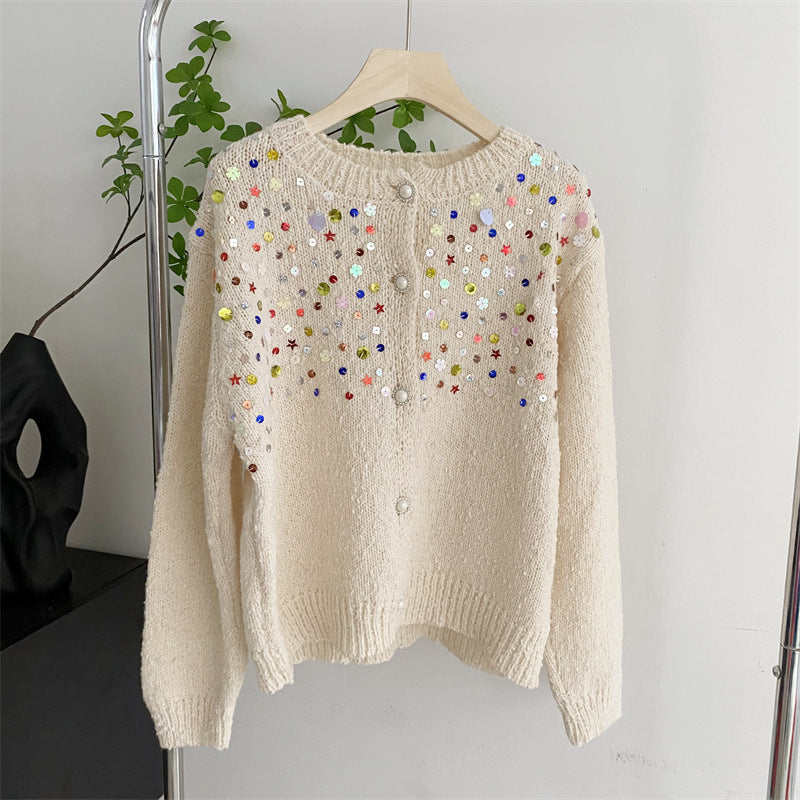 Sweet Design Idle Style Sequined Sweater For Women Spring And Autumn New Knitted Cardigan Outerwear Top