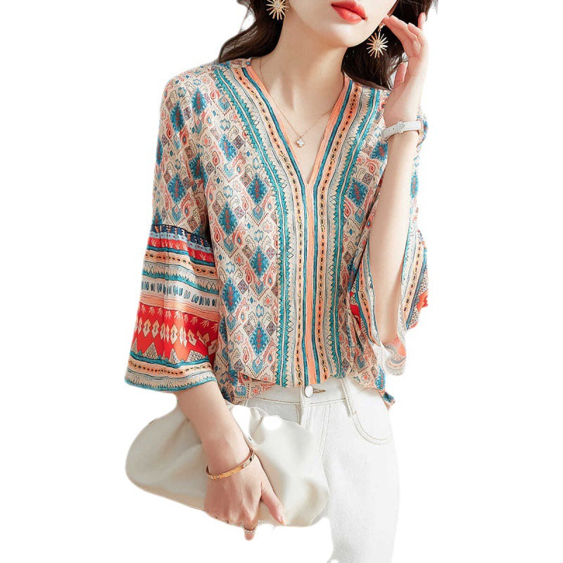 V-neck Loose Flare Three-quarter Sleeve Blouse Women's Top