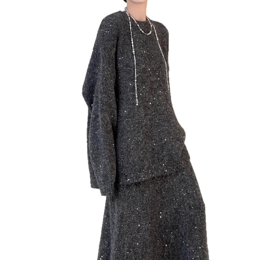 Loose Sequin Sweater Women Elastic Waist Fishtail Skirt Set