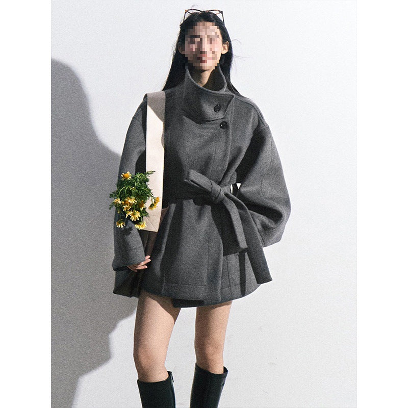 Womens Wool Coat With A Stand Collar And A Defined Waist