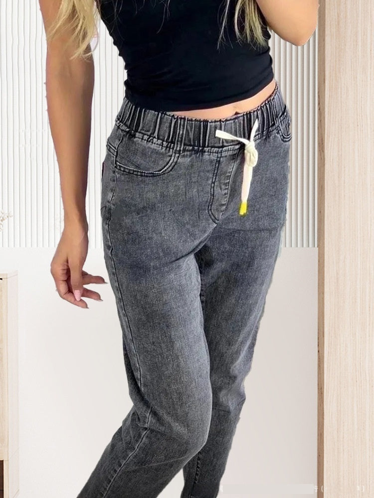 Casual All-Match Trousers Straight-Leg Pants Elastic Waist Womens Jeans