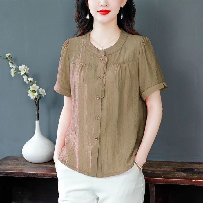 Spring And Summer Simplicity Temperament Crew Neck Cotton Linen Shirt Women