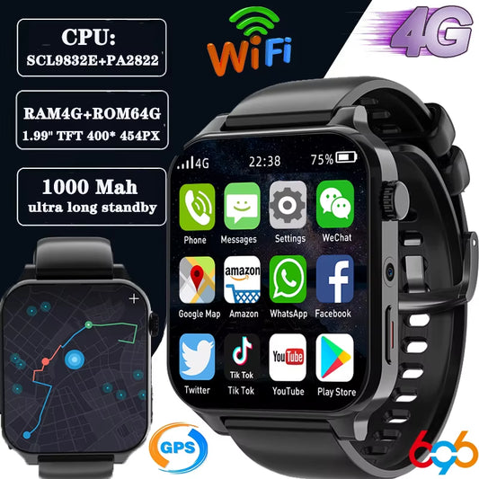 2025 New RAM 4GB ROM 64GB 1.99 Inch 4G Call Smart Watch GPS Wifi Dual Camera Heartrate Testing Waterproof Sports Men Smartwatch