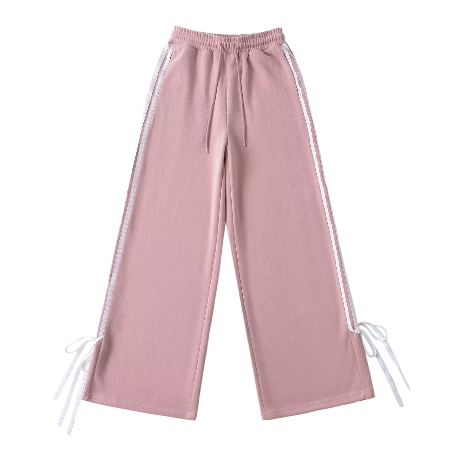 Side-striped Bow-tie-detailed High-waist Casual Loose Wide-leg Straight Pants