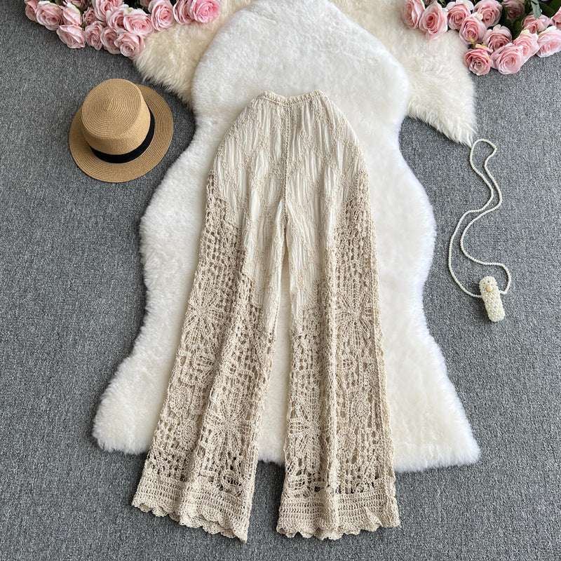Trendy Retro Hollow-out Sheer High-waist Loose Wide-leg Pants