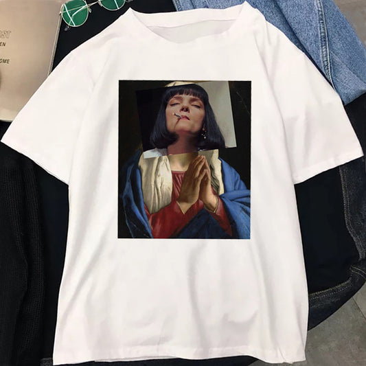 Short Hair Cool Girl Print T-Shirt Summer Short Sleeve