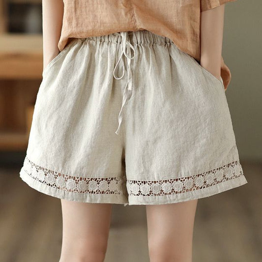 Thin Elastic-Waist Lace-up Hollowed-Out Casual Cotton-Linen Straight Pants