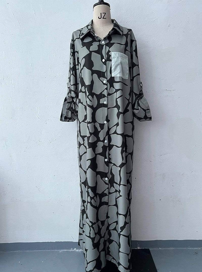 Fashion New Print Long Sleeve Loose Collarless Cardigan Dress