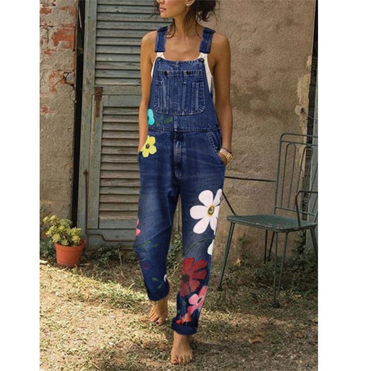 Ladies Printed Washed Denim Overalls Trousers
