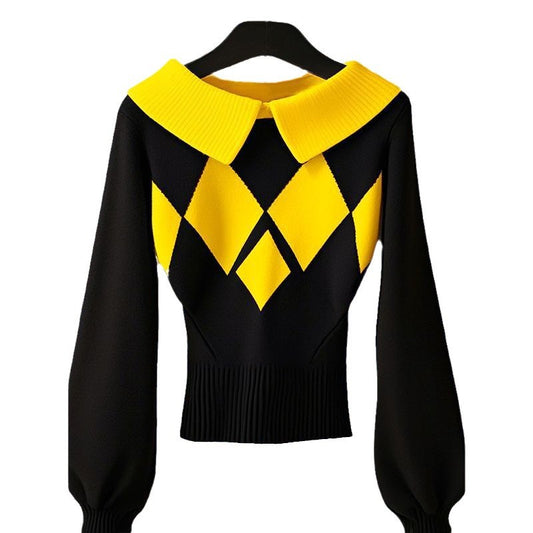 European Goods Western Style Unique Chic Niche Idle Style Black Diamond Plaid Sweater